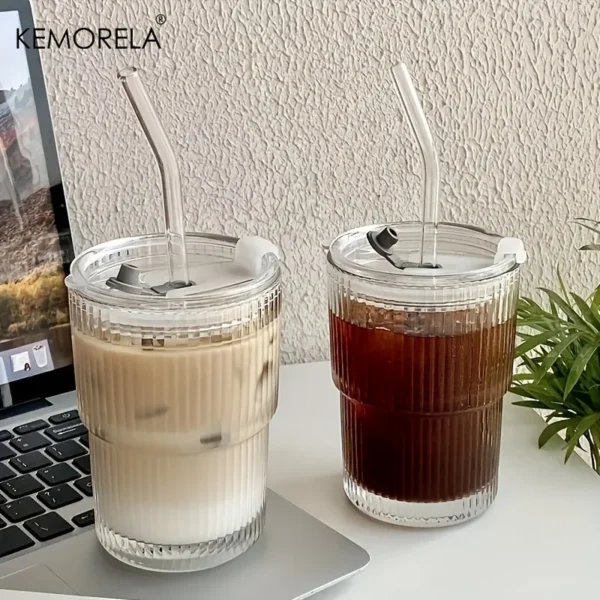 1/2PCS 450Ml Stripe Glass Cup Transparent Matcha See through Cup Glasses with Lid and Straw Ice Coffee Mug Tea Cup Juice Glass Milk Water Cup Drinkware