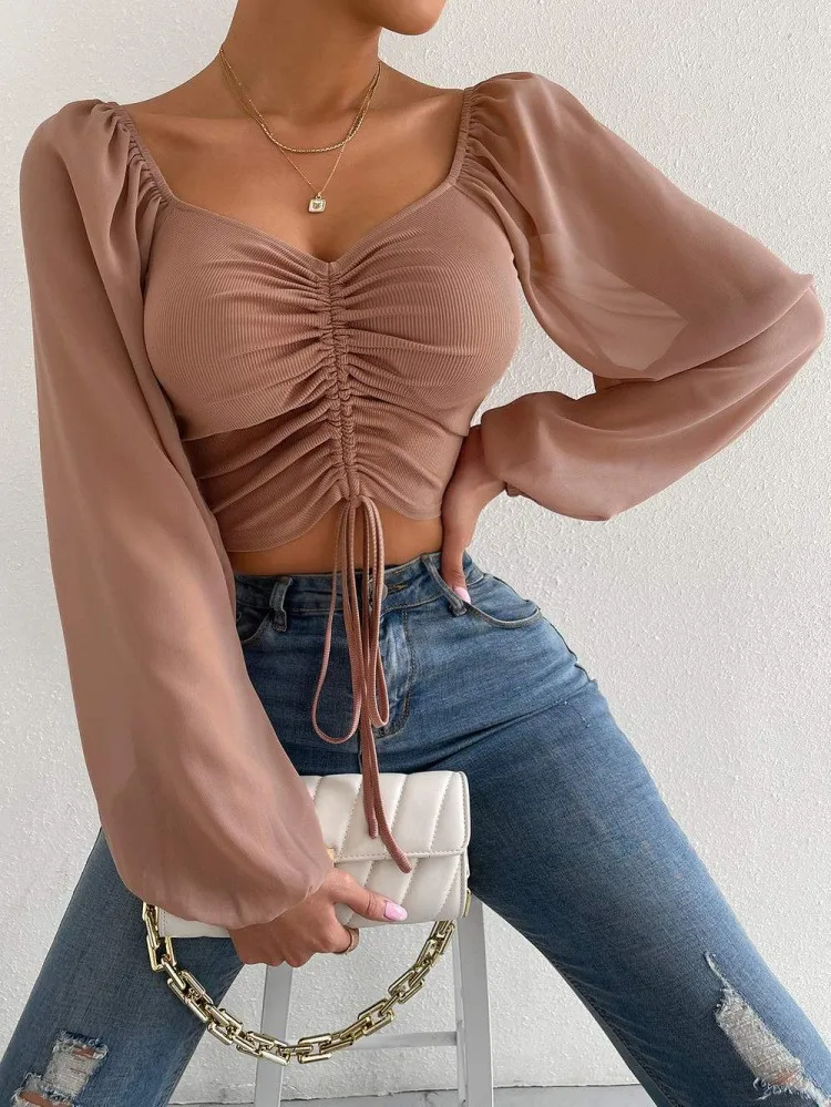 Sexy oka lucerna rukávy Å¡Åůrky zábal hrudnÃku holé Midriff roztomilý T koÅ¡ile ženy dlouhý rukáv Rukávy lucerny