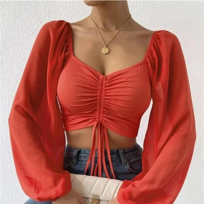 Sexy oka lucerna rukávy Å¡Åůrky zábal hrudnÃku holé Midriff roztomilý T koÅ¡ile ženy dlouhý rukáv Rukávy lucerny