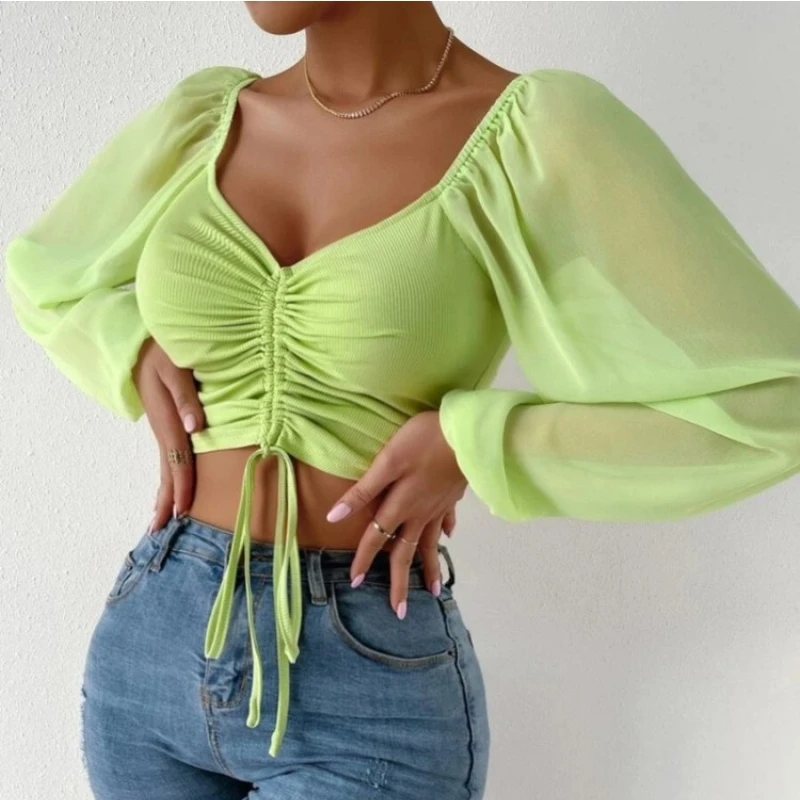 Sexy oka lucerna rukávy Å¡Åůrky zábal hrudnÃku holé Midriff roztomilý T koÅ¡ile ženy dlouhý rukáv Rukávy lucerny