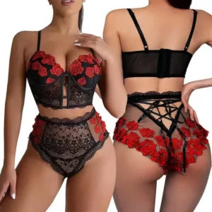 Dámské sexy krajkové spodní prádlo Set krajky Bralette a kalhotky Set Strappy krajkové spodní prádlo Rose vzor výročí Valentýnský dárek